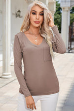 Ribbed V-Neck Long Sleeve Blouse with Pocket - Ladyez