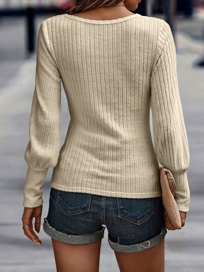 Ribbed Round Neck Lantern Sleeve Knit Top - Ladyez