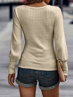 Ribbed Round Neck Lantern Sleeve Knit Top - Ladyez