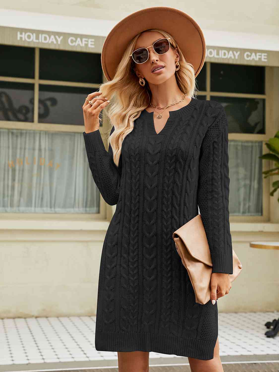 Notched Neck Cable-Knit Slit Sweater Dress - Ladyez