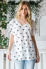 Heimish Full Size Star Print Short Sleeve V-Neck Waffle Knit T-Shirt - Ladyez