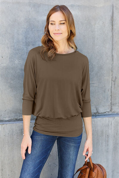 Basic Bae Full Size Round Neck Batwing Sleeve Blouse - Ladyez