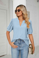 Eyelet Short Puff Sleeve Notched Neck Top - Ladyez