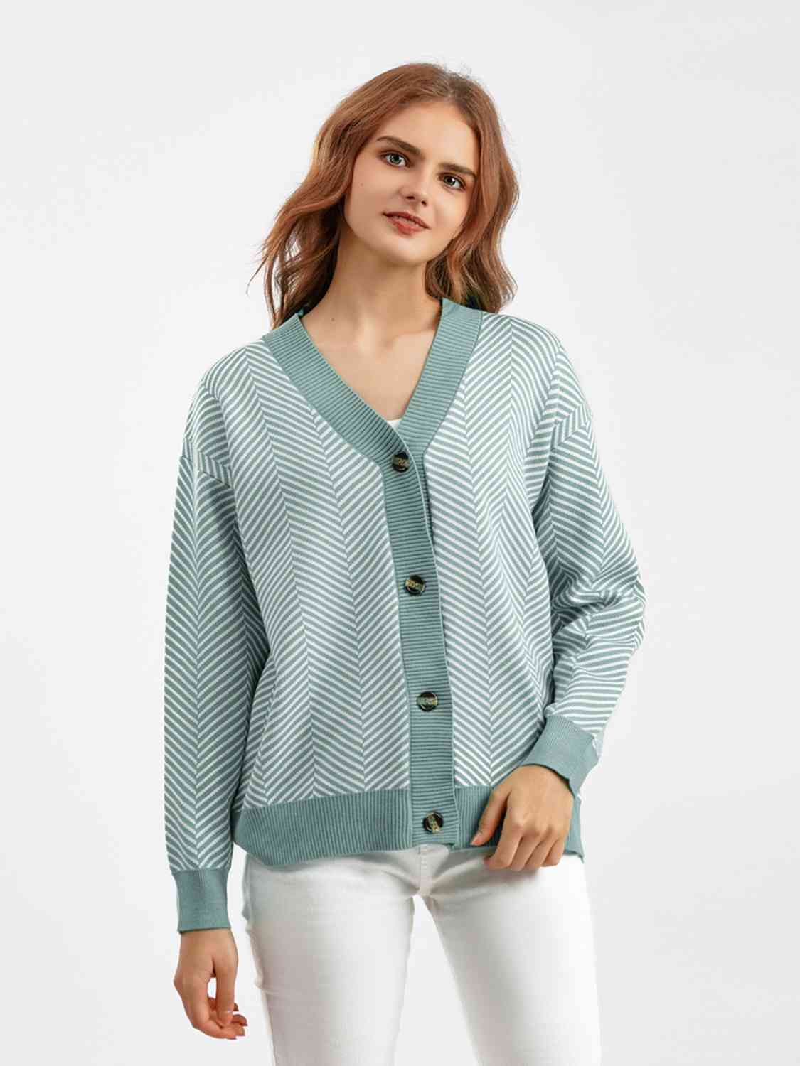 Button Down V-Neck Cardigan - Ladyez