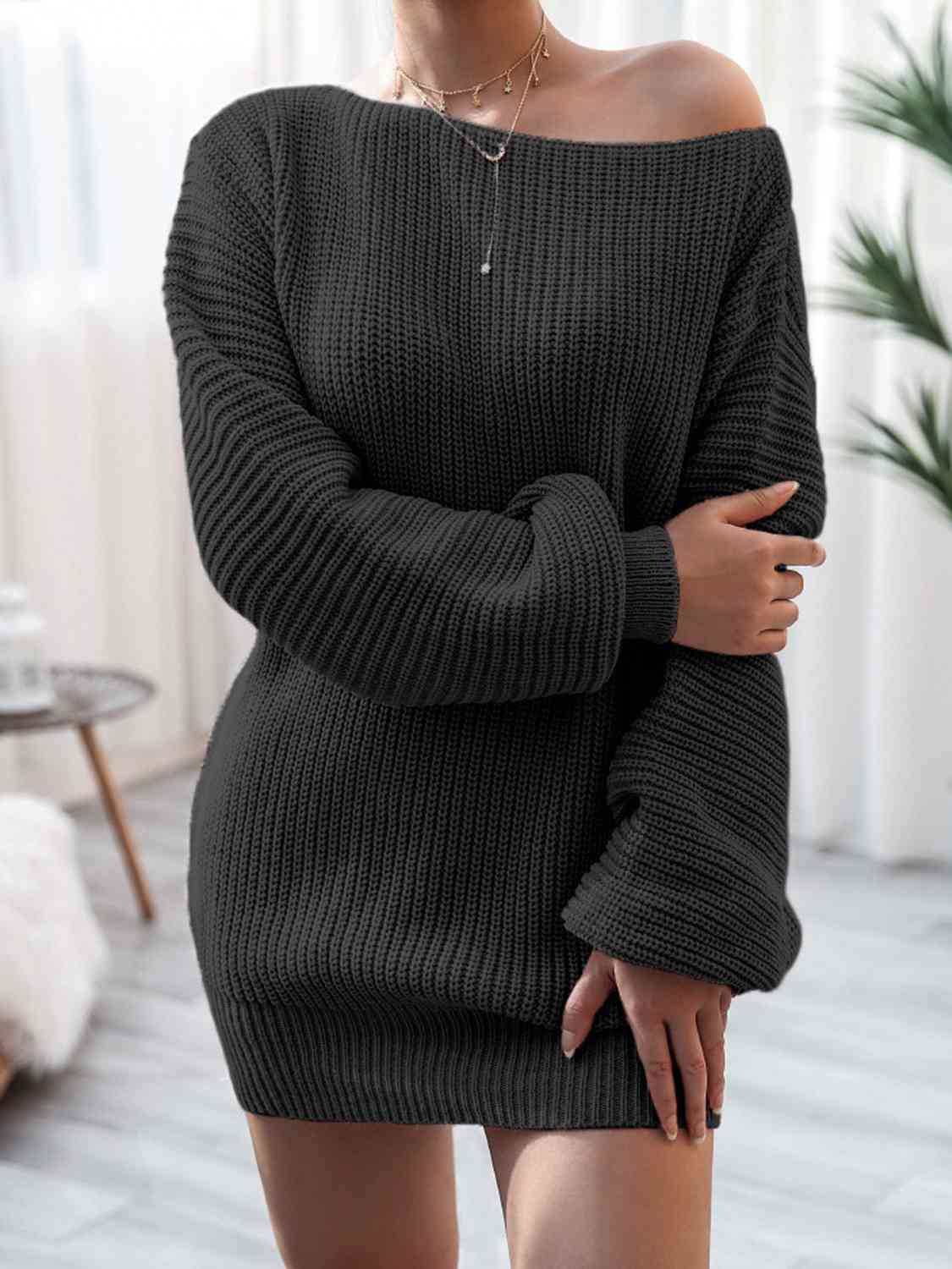 Rib-Knit Mini Sweater Dress - Ladyez