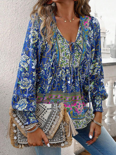 Bohemian Tie Neck Lantern Sleeve Blouse - Ladyez