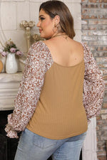 Plus Size Floral Square Neck Flounce Sleeve Blouse - Ladyez