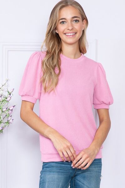 Reborn J Ribbed Round Neck Short Sleeve Top - Ladyez