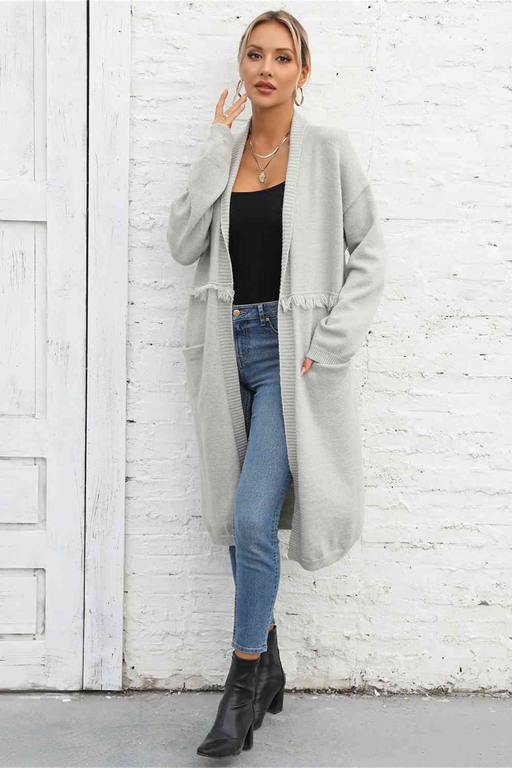 Open Front Pocketed Cardigan - Ladyez