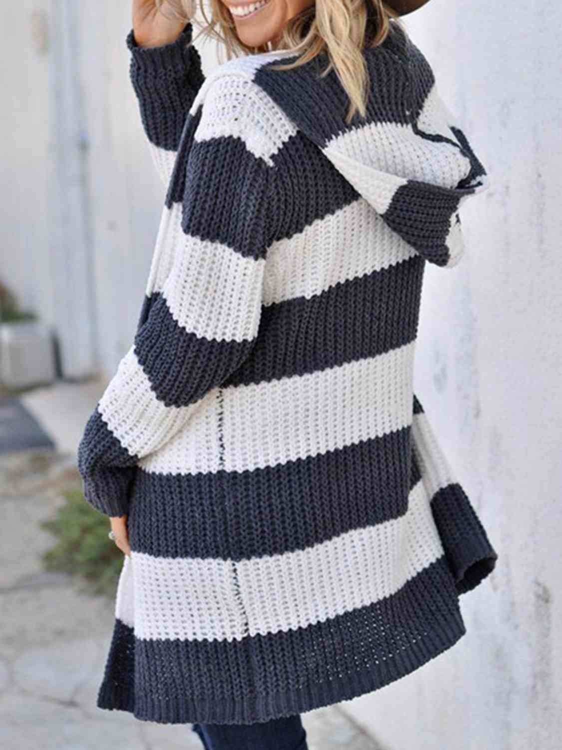 Striped Open Front Hooded Cardigan - Ladyez