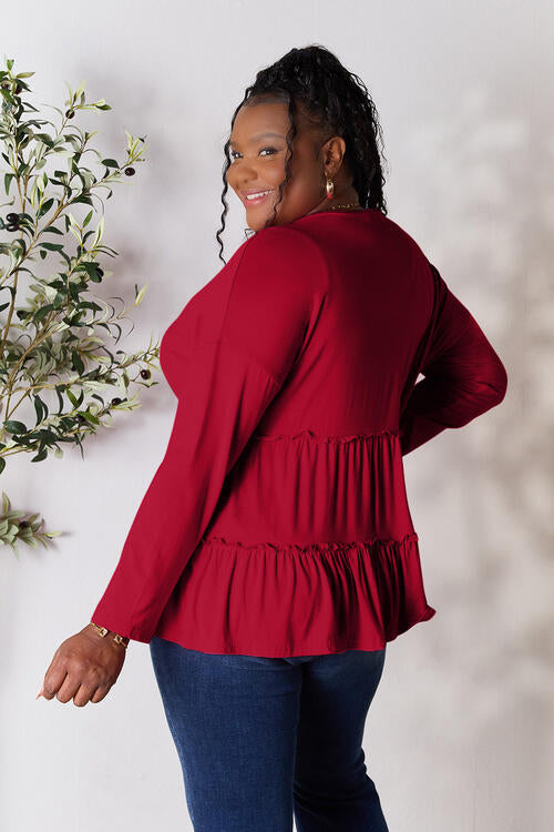 Double Take Half Button Long Sleeve Ruffle Hem Blouse - Ladyez