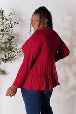 Double Take Half Button Long Sleeve Ruffle Hem Blouse - Ladyez