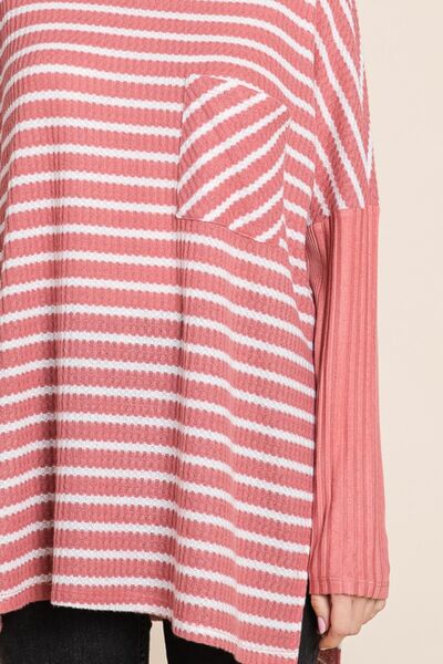 Culture Code Oversize Striped Round Neck Long Sleeve Slit T-Shirt - Ladyez