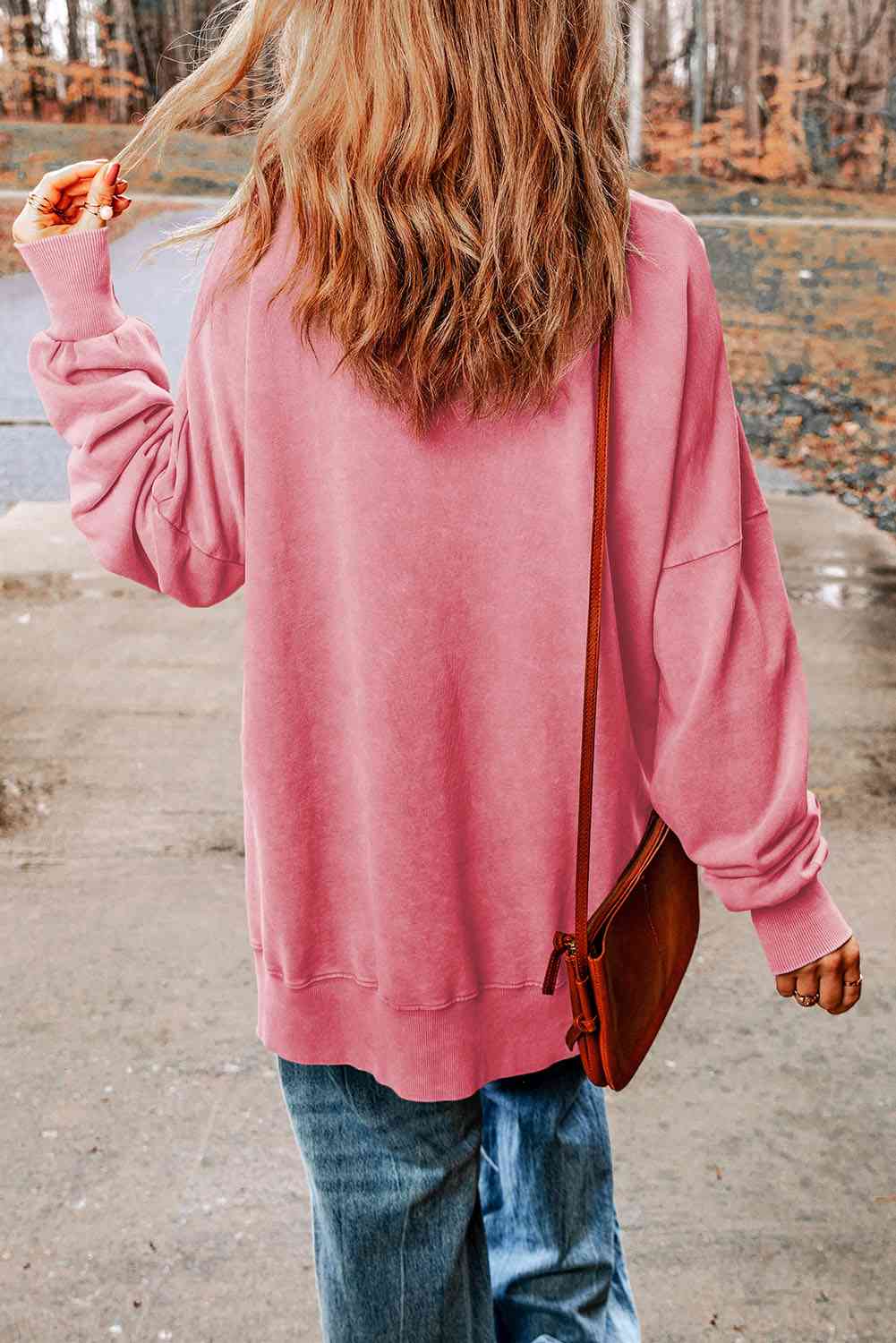 Dropped Shoulder Round Neck Long Sleeve Blouse - Ladyez