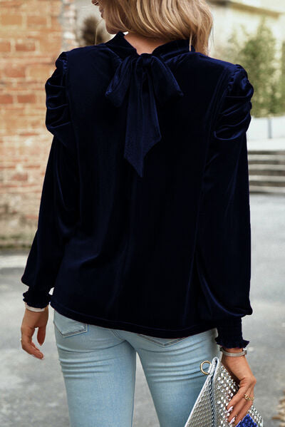Tie Up Mock Neck Velvet Fabric Long Sleeve Blouse - Ladyez
