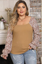 Plus Size Floral Square Neck Flounce Sleeve Blouse - Ladyez