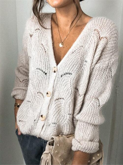 Openwork Button Up Long Sleeve Cardigan - Ladyez