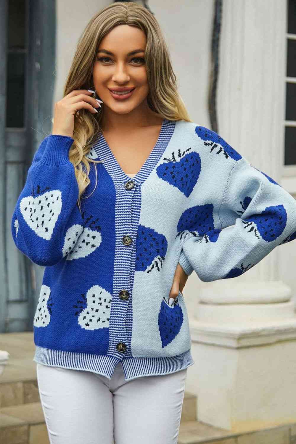 Printed V-Neck Button-Down Long Sleeve Cardigan - Ladyez