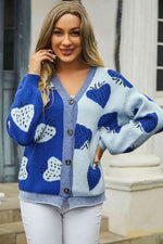 Printed V-Neck Button-Down Long Sleeve Cardigan - Ladyez