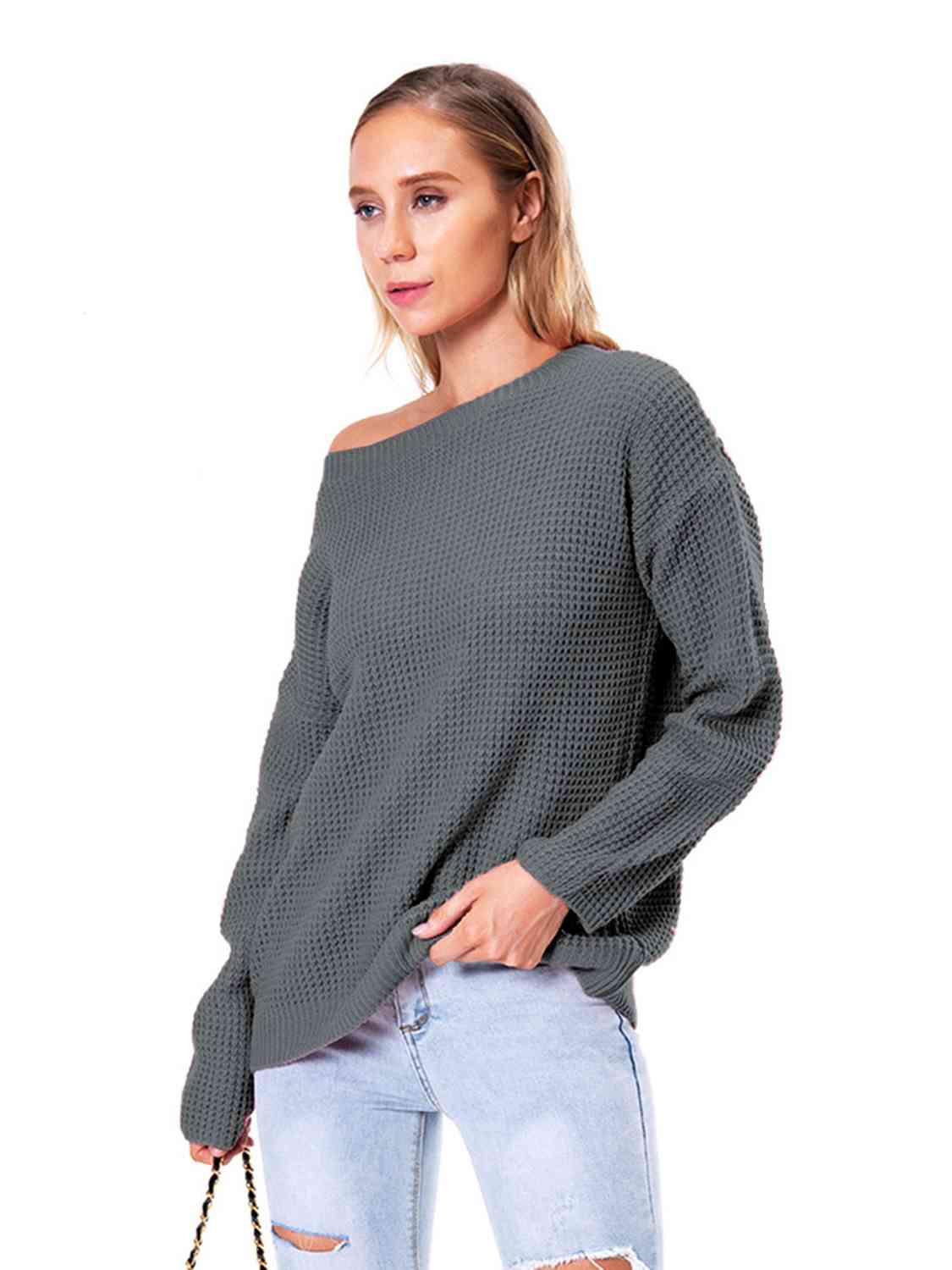 Boat Neck Drop Shoulder Long Sleeve Sweater - Ladyez