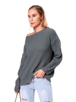 Boat Neck Drop Shoulder Long Sleeve Sweater - Ladyez
