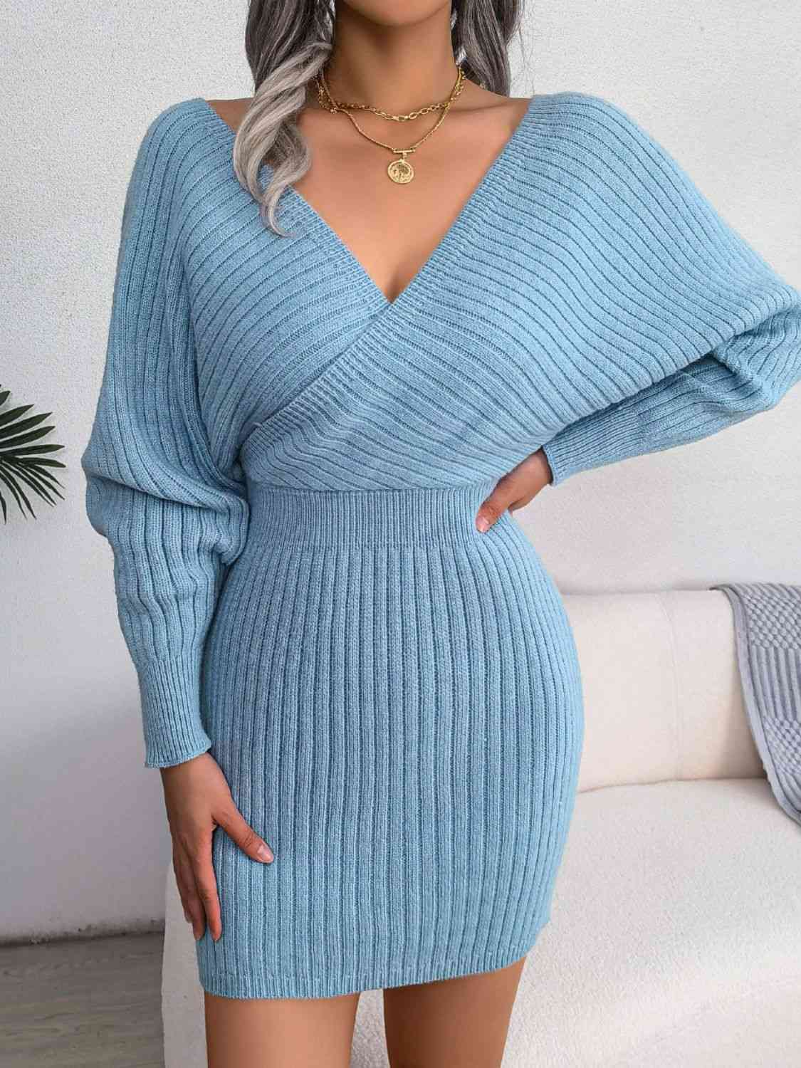 Rib-Knit Dolman Sleeve Sweater Dress - Ladyez