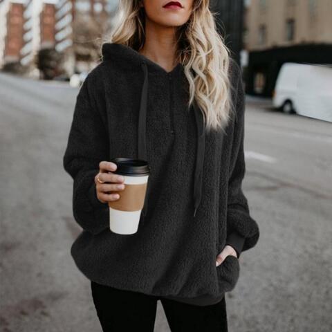 Quarter-Zip Drawstring Teddy Hoodie - Ladyez