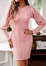 Cable-Knit Round Neck Lantern Sleeve Sweater Dress - Ladyez
