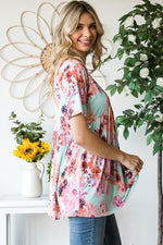 Heimish Full Size Floral V-Neck Short Sleeve Babydoll Blouse - Ladyez