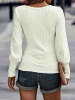 Ribbed Round Neck Lantern Sleeve Knit Top - Ladyez