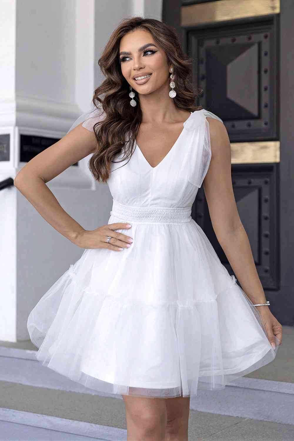 V-Neck Shoulder Detail Mesh Dress - Ladyez