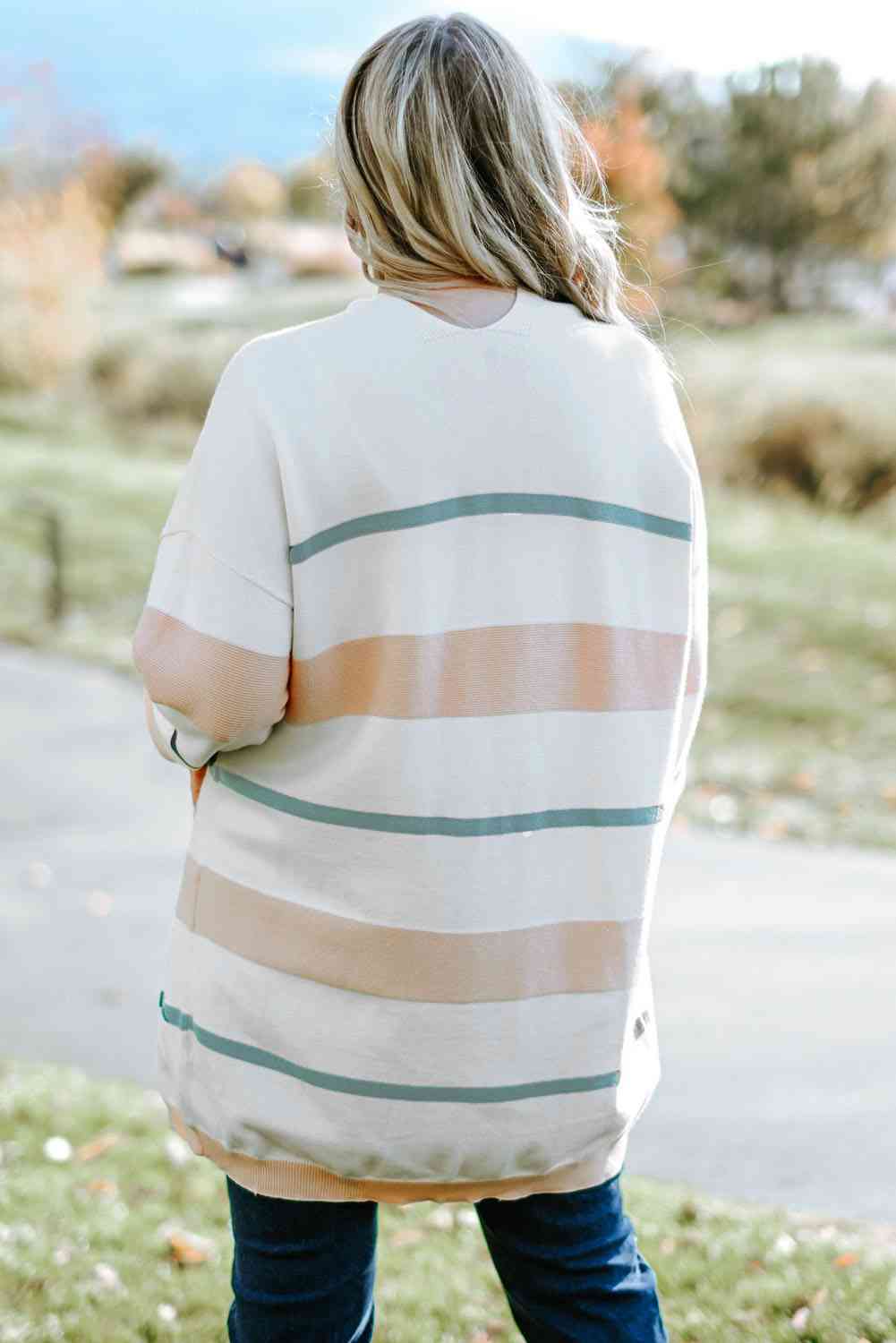 Plus Size Striped Open Front Cardigan - Ladyez