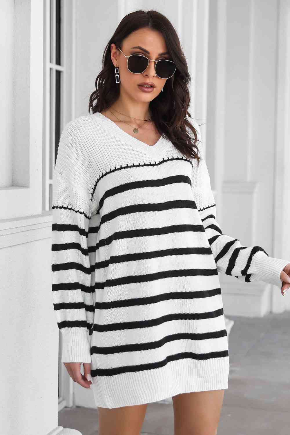 Striped V-Neck Drop Shulder Sweater Dress - Ladyez