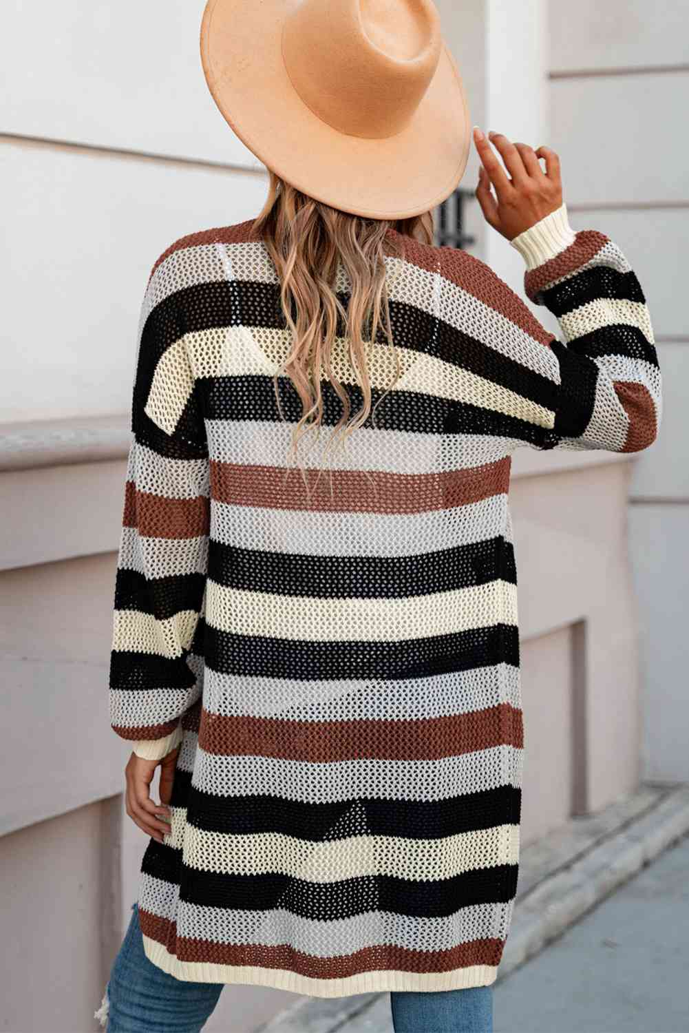 Full Size Striped Long Sleeve Openwork Cardigan - Ladyez