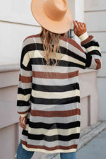 Full Size Striped Long Sleeve Openwork Cardigan - Ladyez