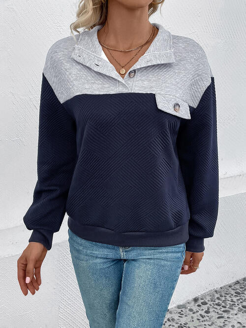 Textured Contrast Half Button Sweatshirt - Ladyez