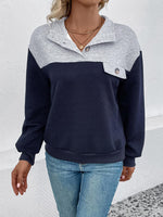 Textured Contrast Half Button Sweatshirt - Ladyez