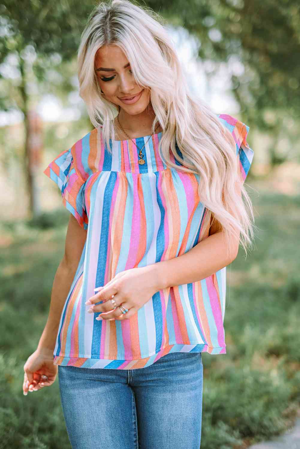 Multicolored Stripe Flutter Sleeve Blouse - Ladyez