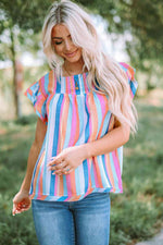 Multicolored Stripe Flutter Sleeve Blouse - Ladyez
