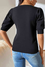 Round Neck Puff Sleeve Knit Top - Ladyez