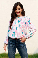 Floral Smocked Balloon Sleeve Round Neck Blouse - Ladyez