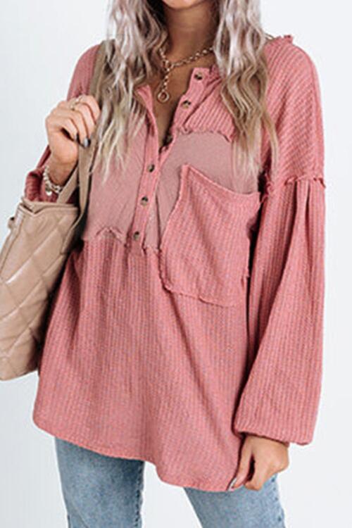 Half Button Raw Hem Long Sleeve Blouse - Ladyez