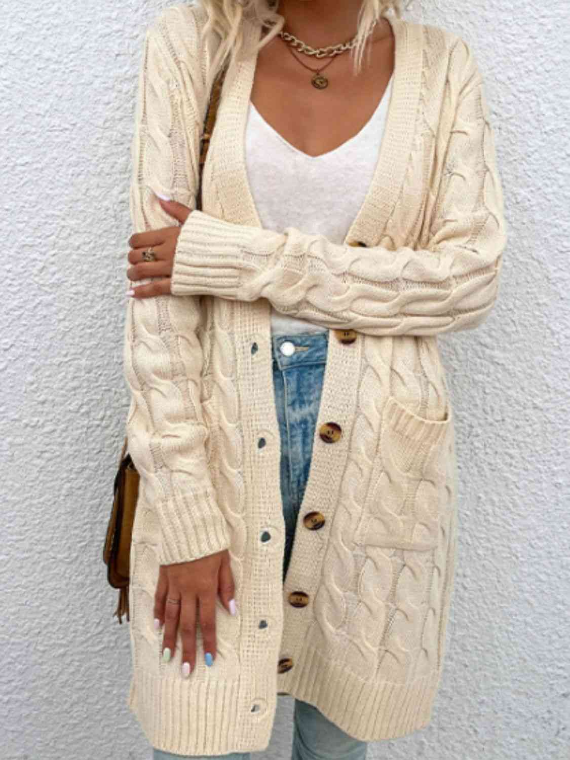 Cable-Knit Button Down Cardigan with Pockets - Ladyez