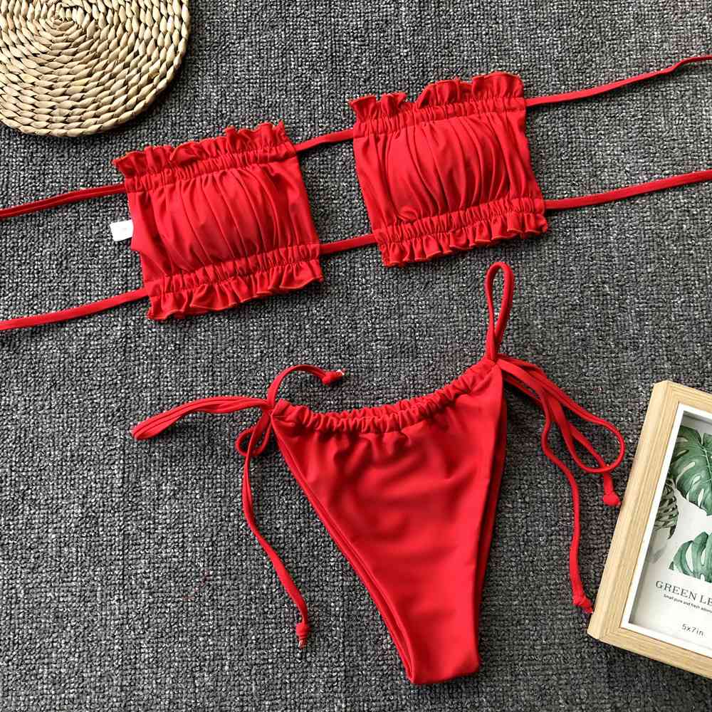 Frill Trim Ruched Bikini Set - Ladyez