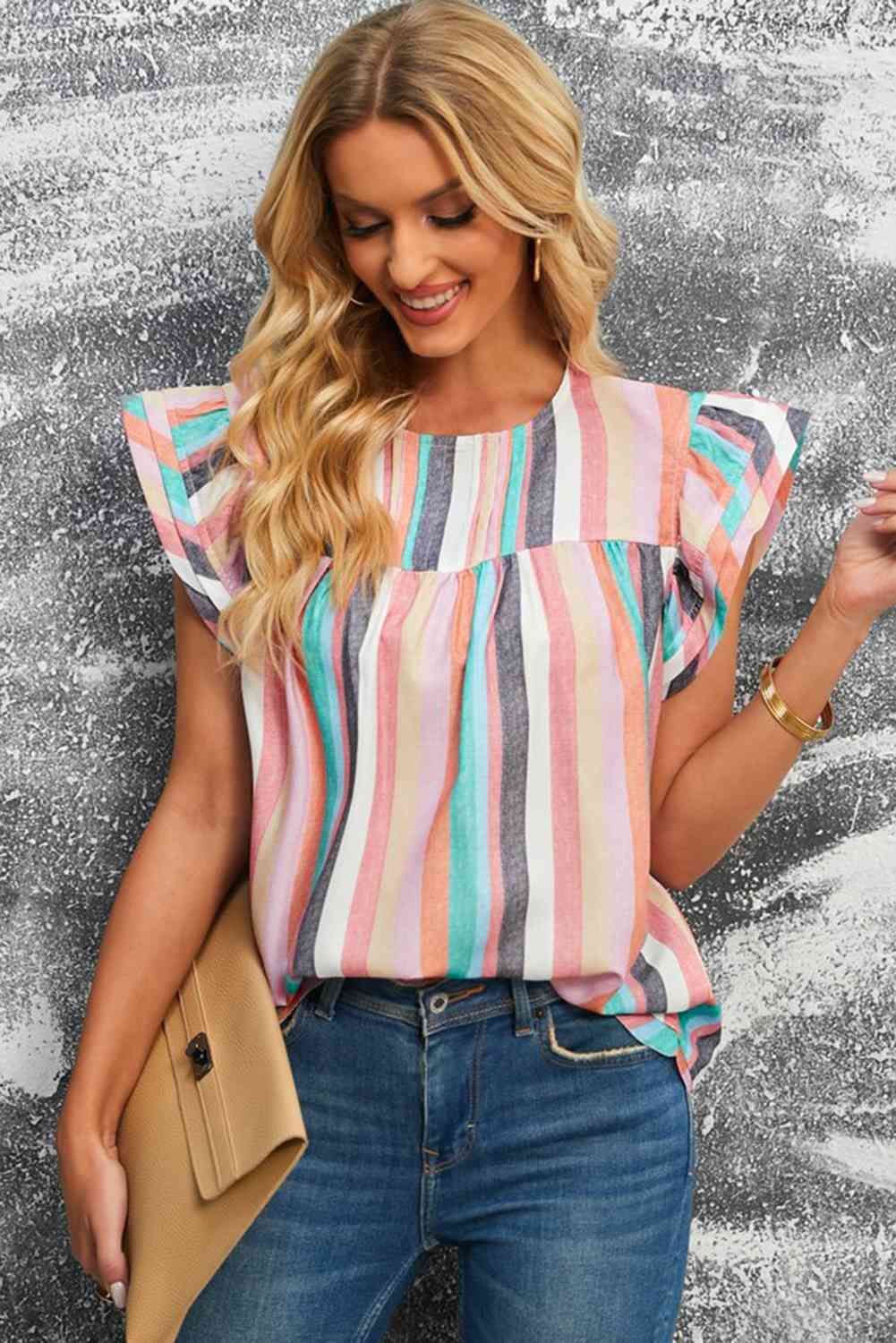 Multicolored Stripe Flutter Sleeve Blouse - Ladyez