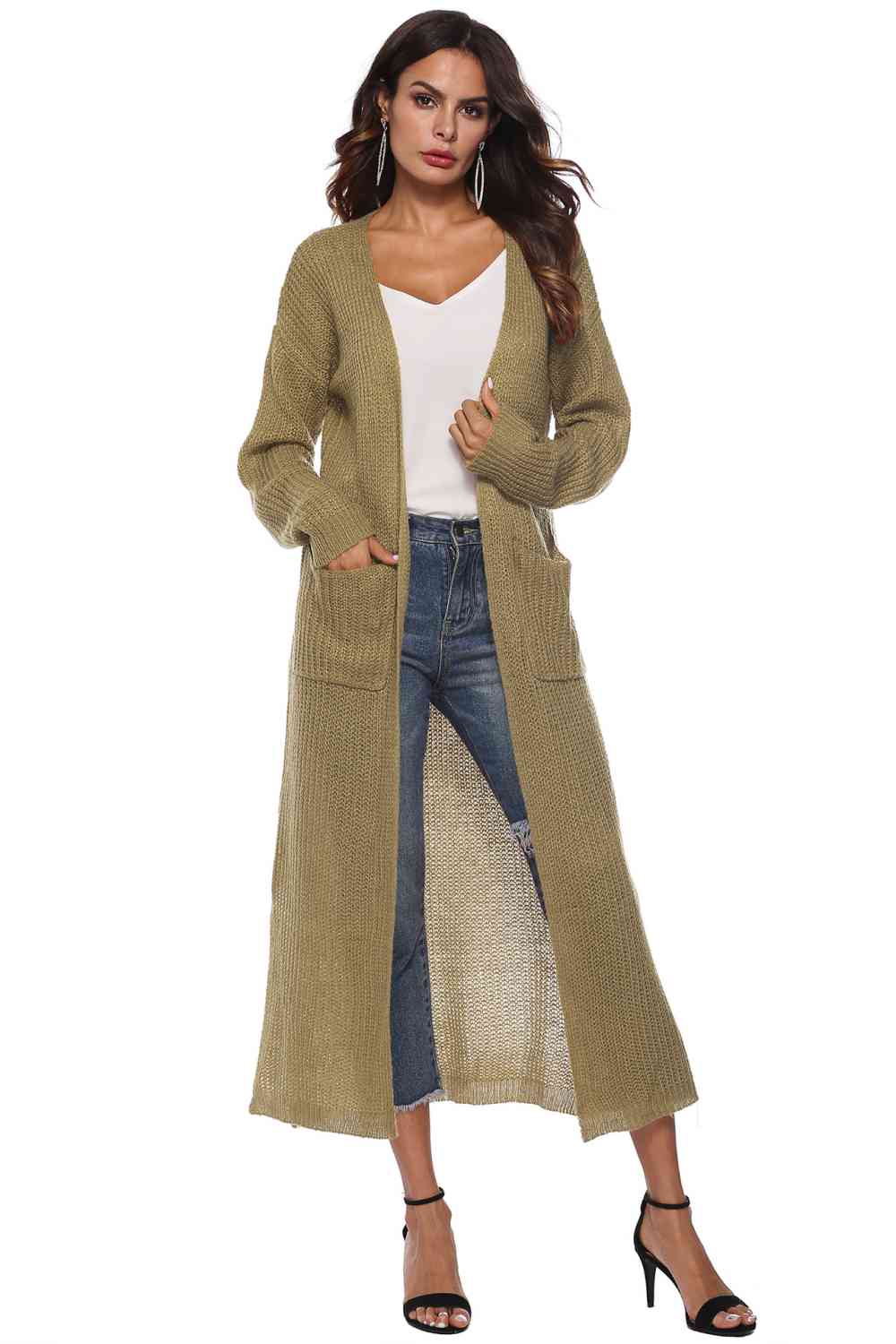 Long Sleeve Open Front Buttoned Cardigan - Ladyez