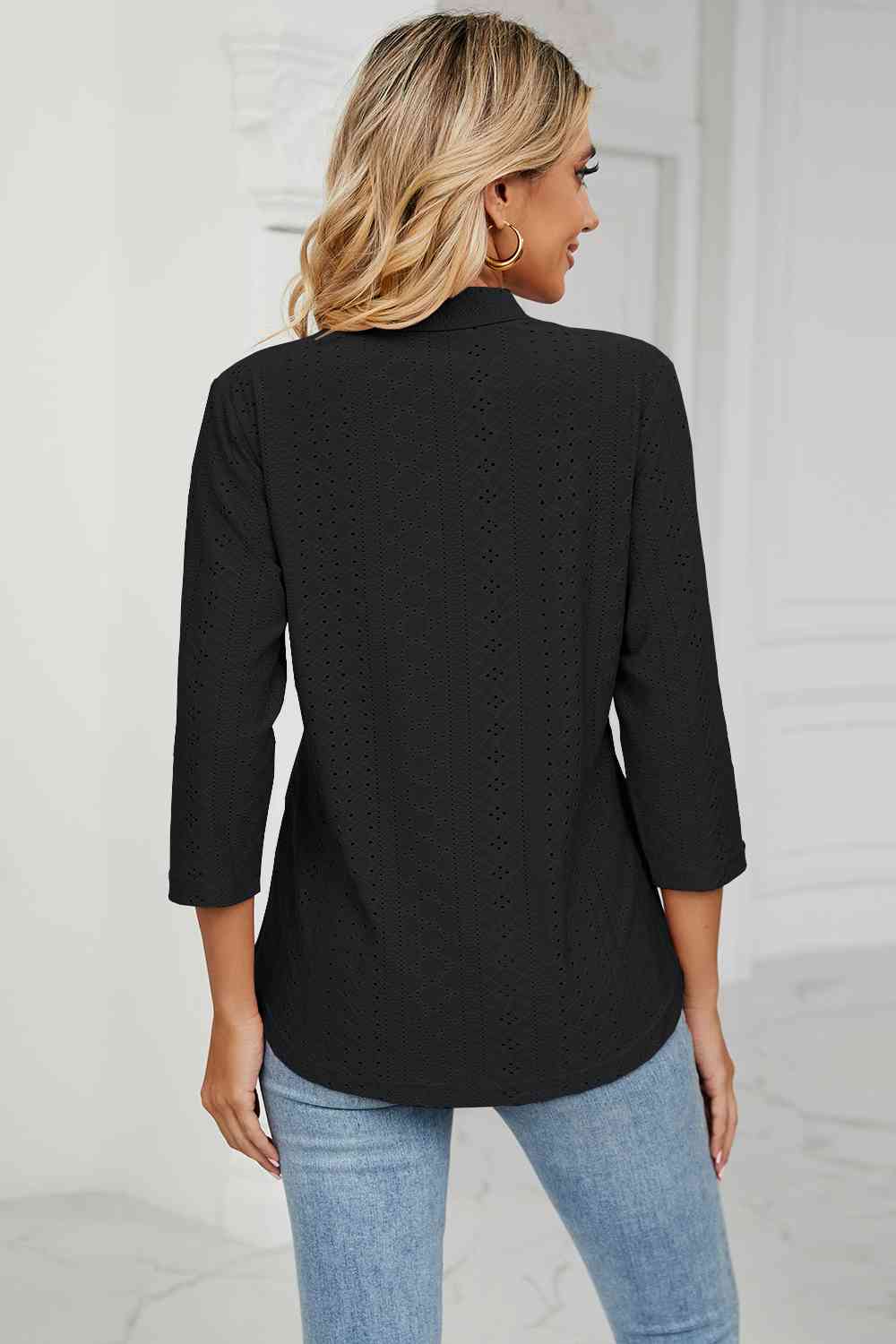 Eyelet Three-Quarter Sleeve Blouse - Ladyez