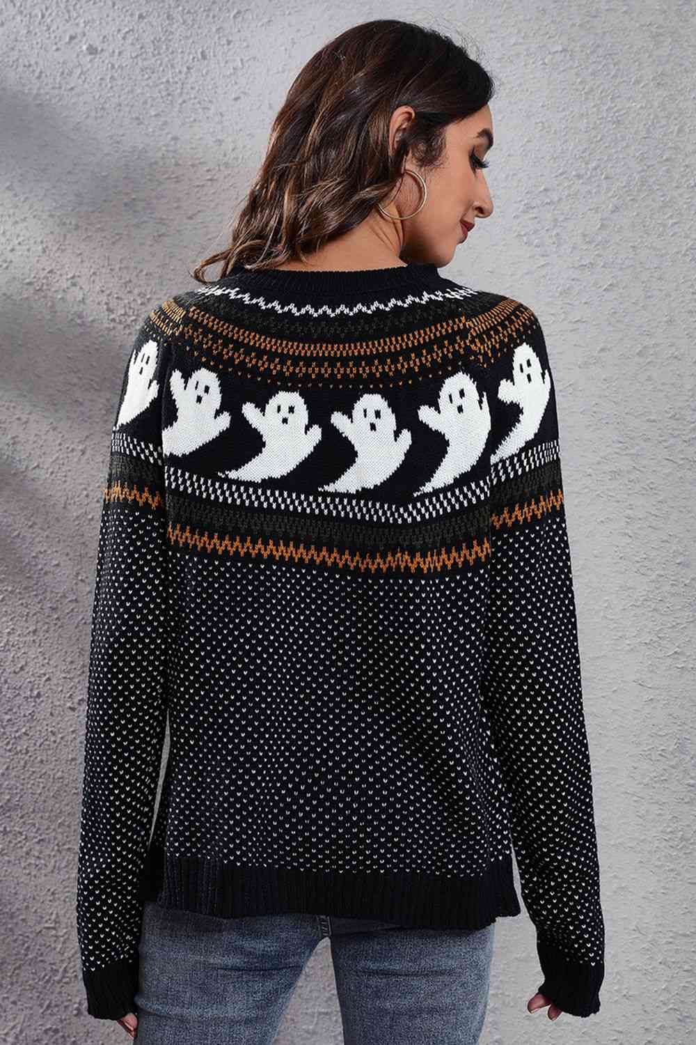 Ghost Pattern Round Neck Long Sleeve Sweater - Ladyez
