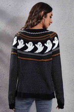 Ghost Pattern Round Neck Long Sleeve Sweater - Ladyez
