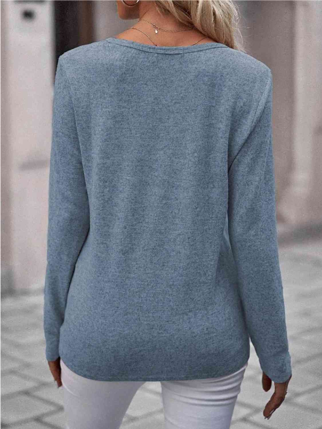 Round Neck Buttoned Long Sleeve T-Shirt - Ladyez